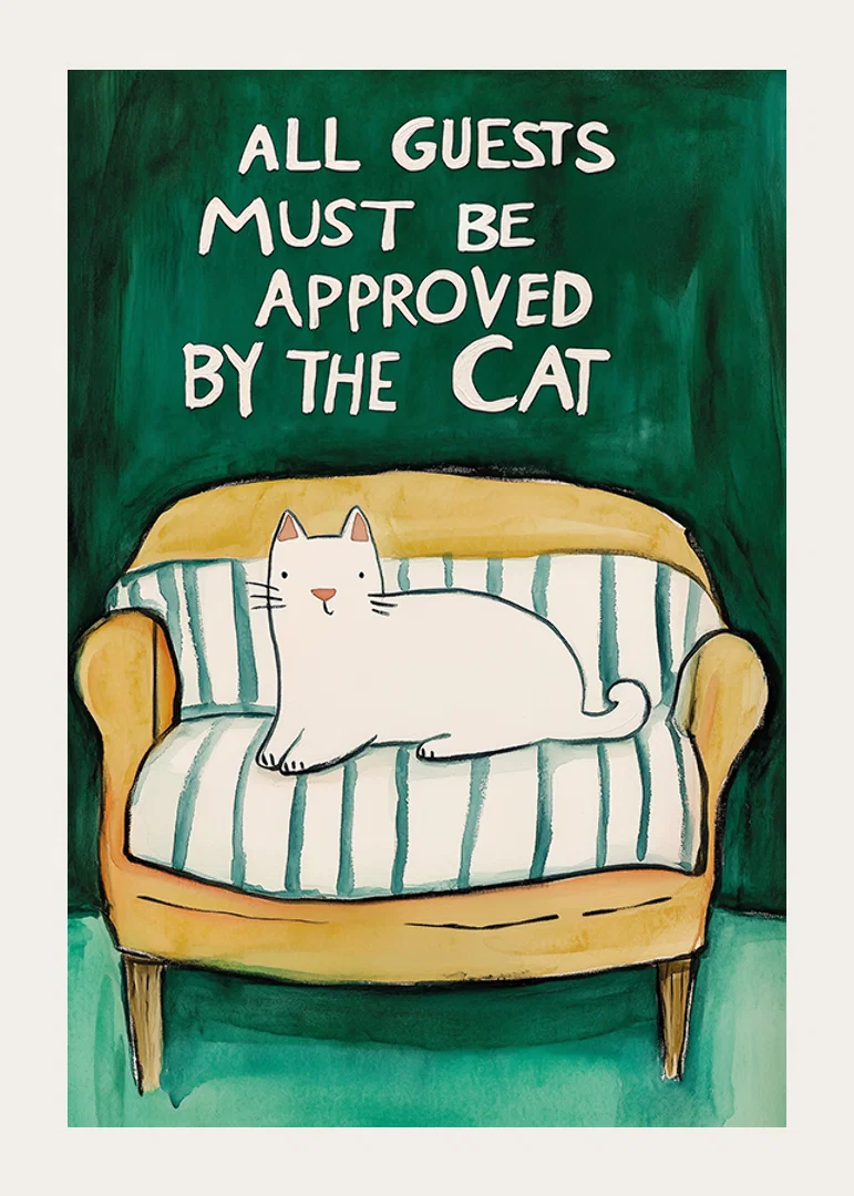 A poster of a white cat on a yellow sofa-12