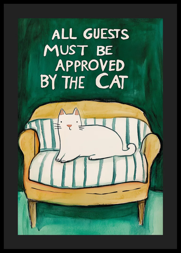 A poster of a white cat on a yellow sofa-12