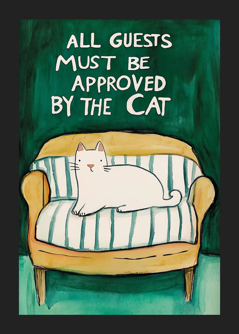 A poster of a white cat on a yellow sofa-12