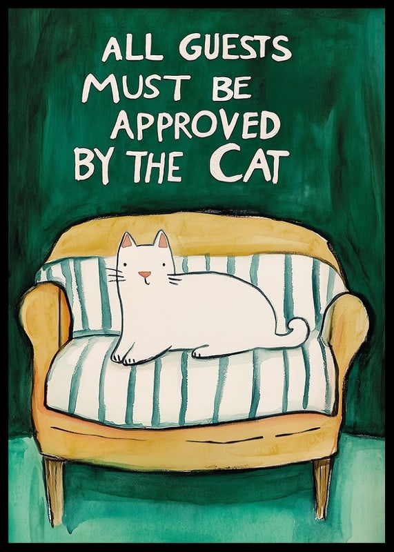 Ein Poster einer weißen Katze auf einem gelben Sofa-12