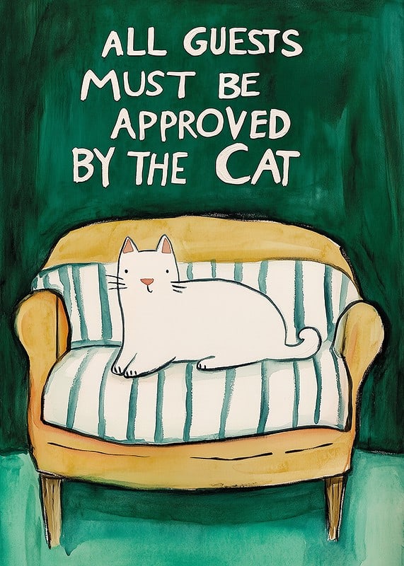 Ein Poster einer weißen Katze auf einem gelben Sofa-12