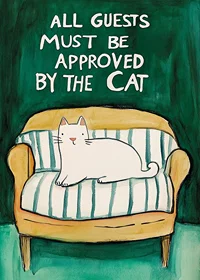A poster of a white cat on a yellow sofa-7