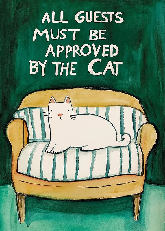 A poster of a white cat on a yellow sofa-12