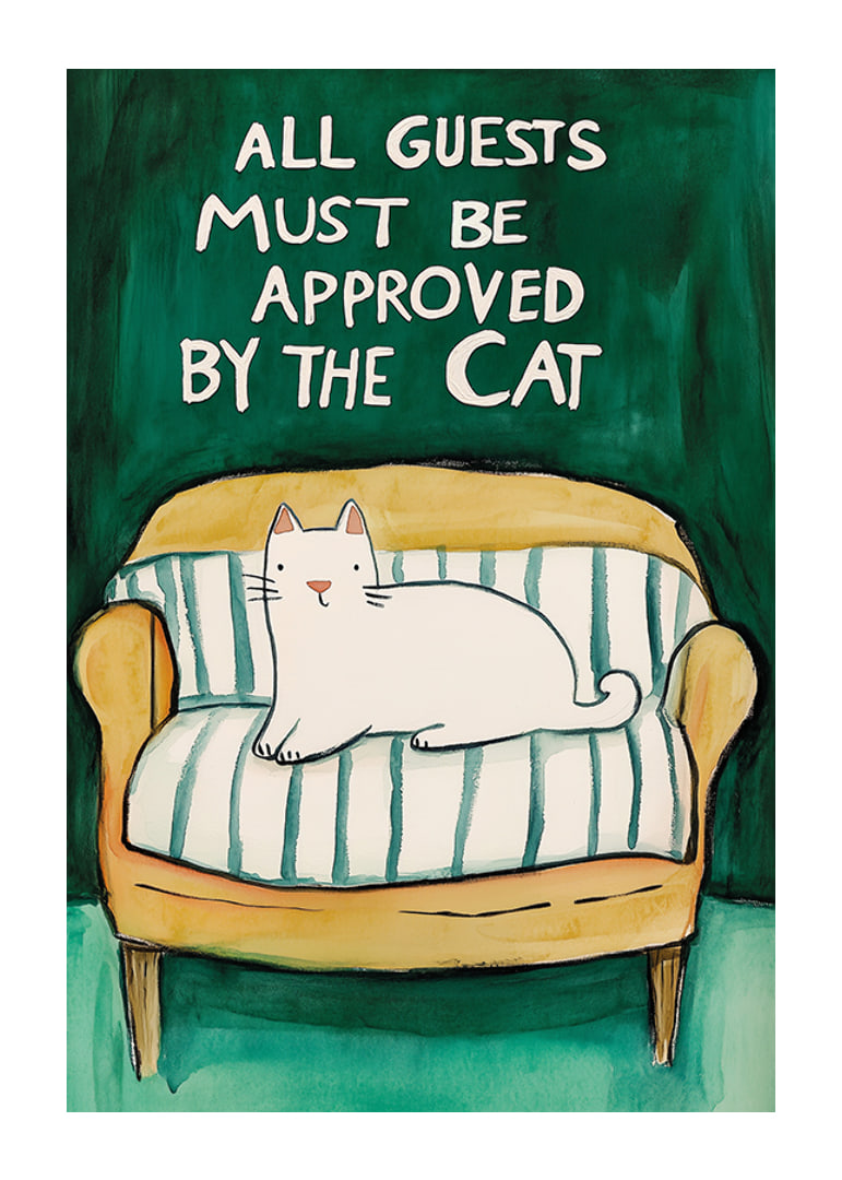 Ein Poster einer weißen Katze auf einem gelben Sofa-12