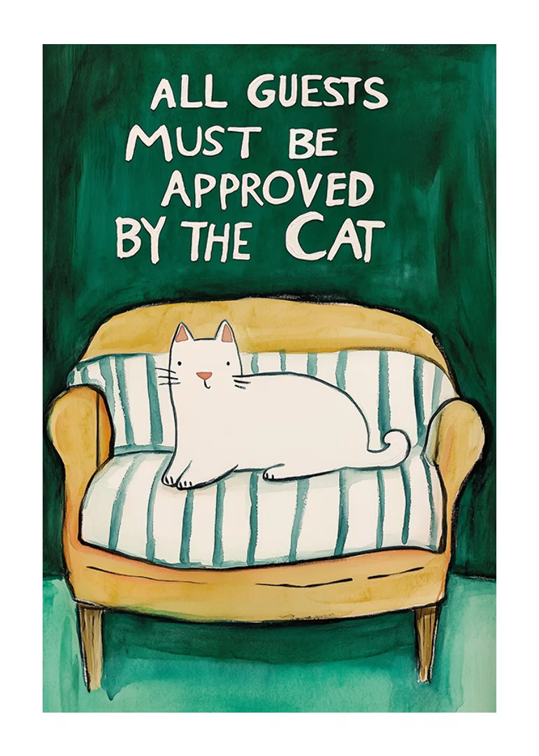 A poster of a white cat on a yellow sofa-12