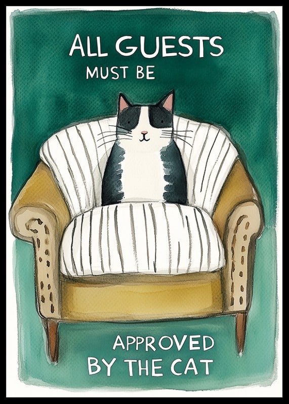 Een poster met een vastberaden kat die in een fauteuil zit -12