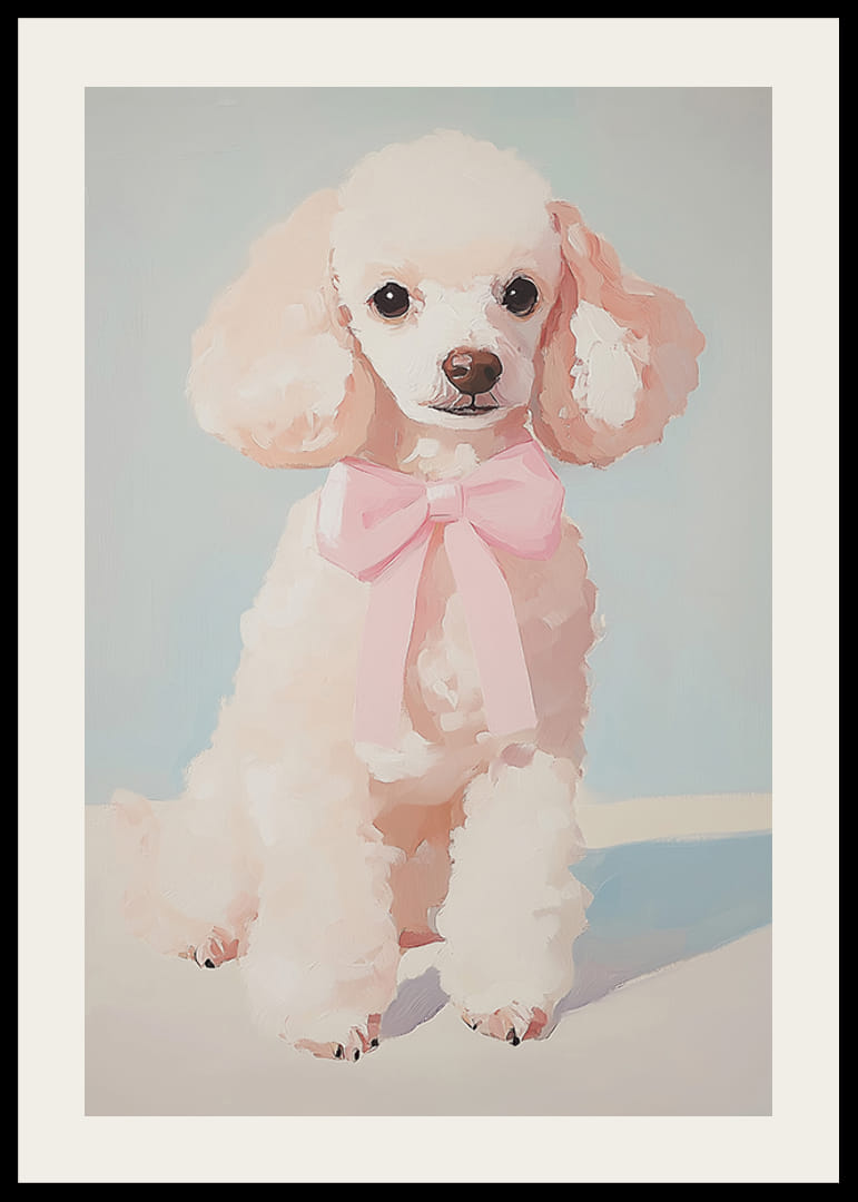 A poster of a fluffy poodle with a pink bow-12