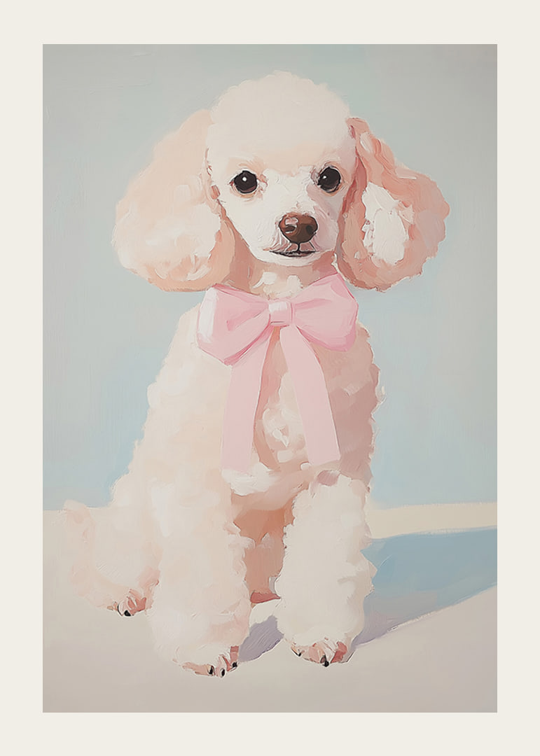 A poster of a fluffy poodle with a pink bow-12