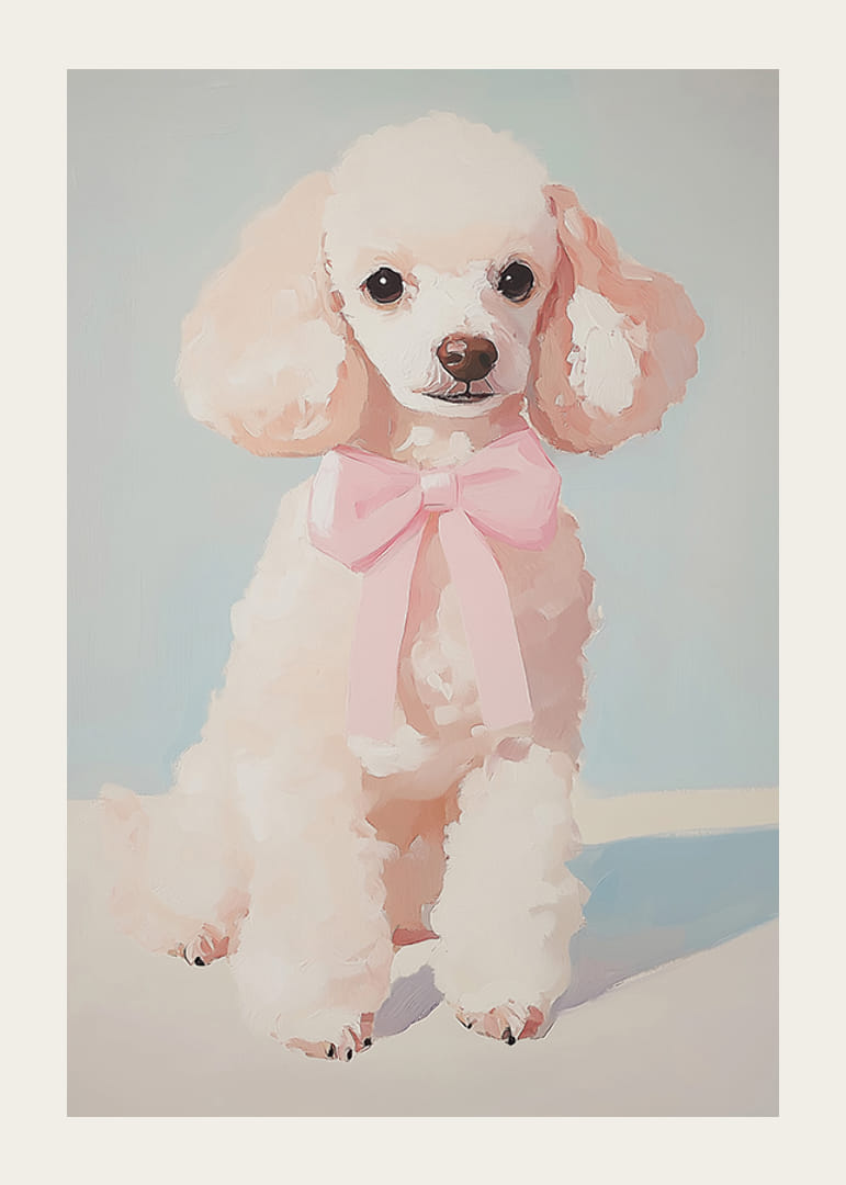 A poster of a fluffy poodle with a pink bow-12