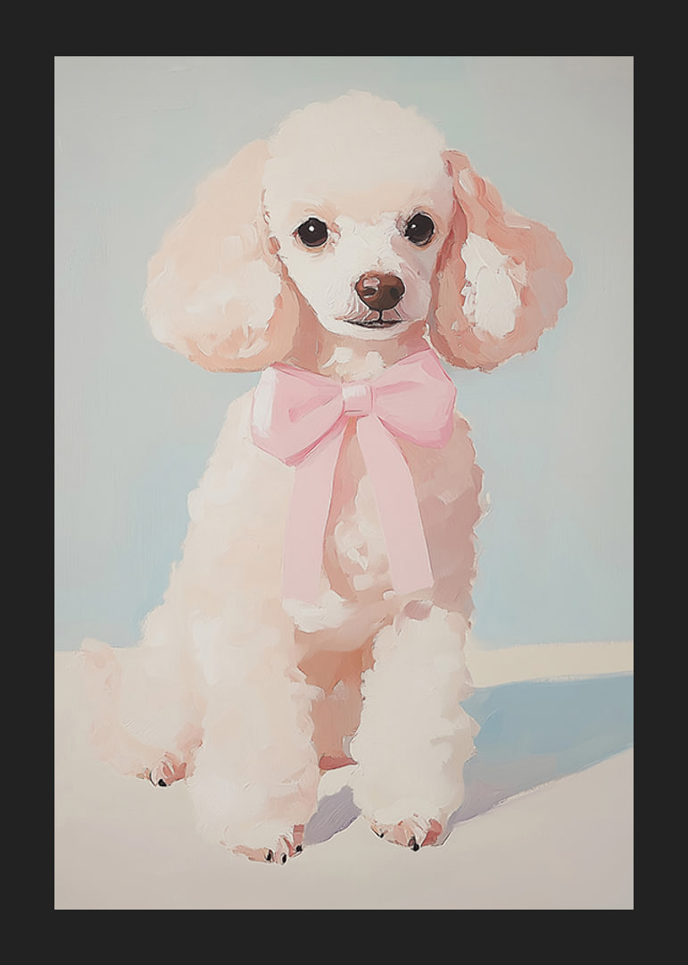 A poster of a fluffy poodle with a pink bow-12