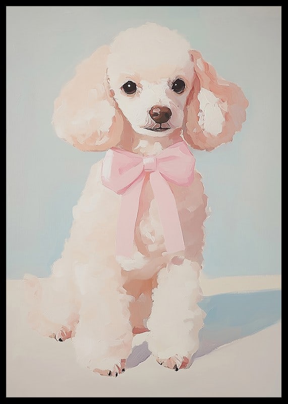 A poster of a fluffy poodle with a pink bow-12