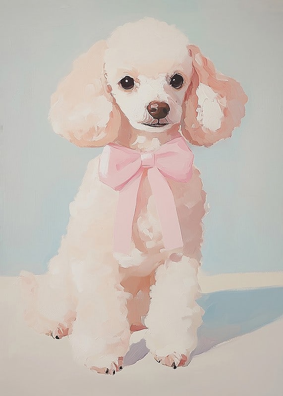 A poster of a fluffy poodle with a pink bow-12
