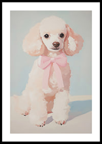 A poster of a fluffy poodle with a pink bow-0