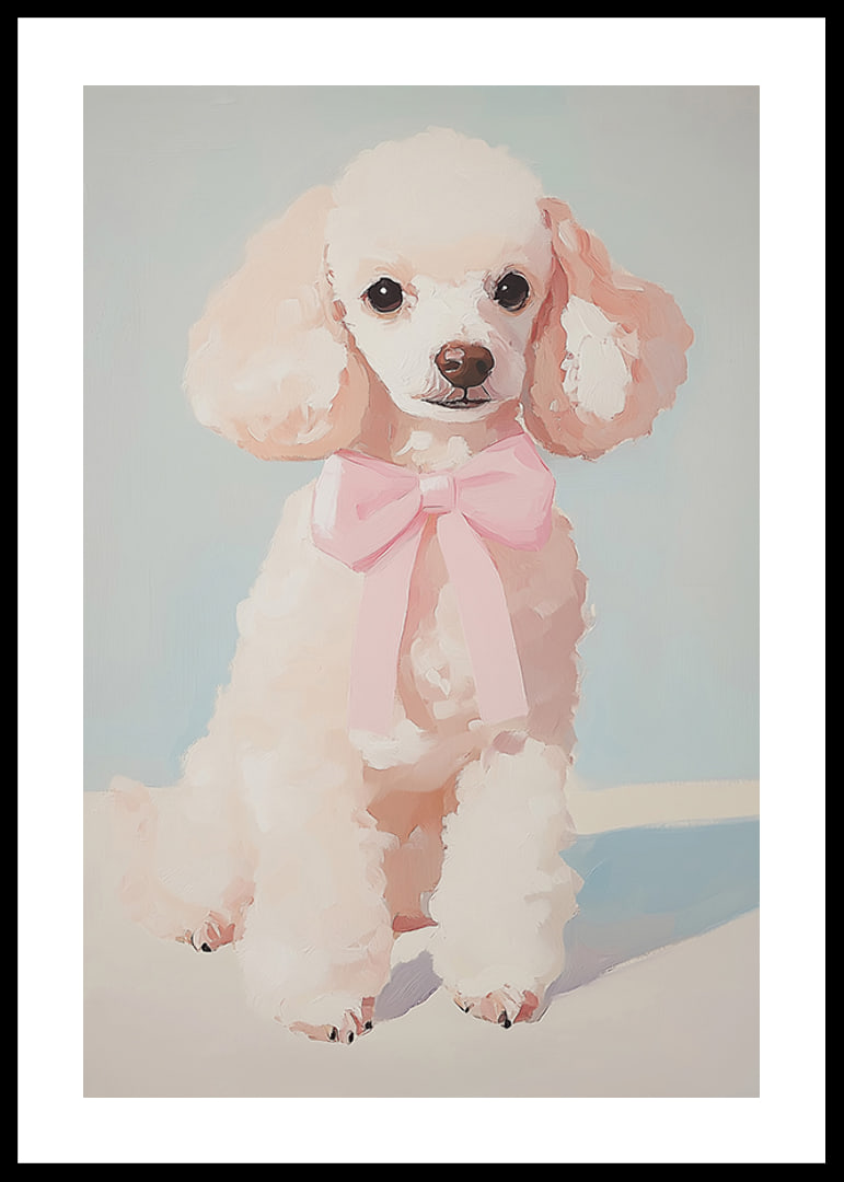 A poster of a fluffy poodle with a pink bow-12