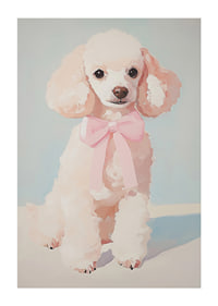 A poster of a fluffy poodle with a pink bow-1