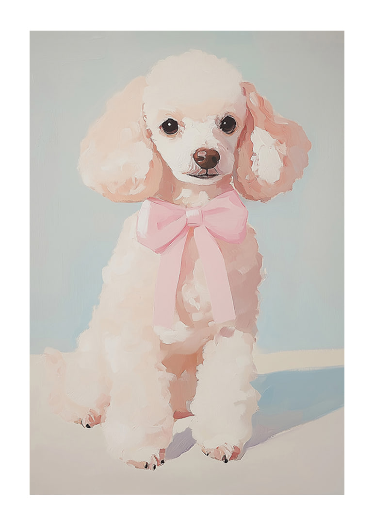 A poster of a fluffy poodle with a pink bow-12