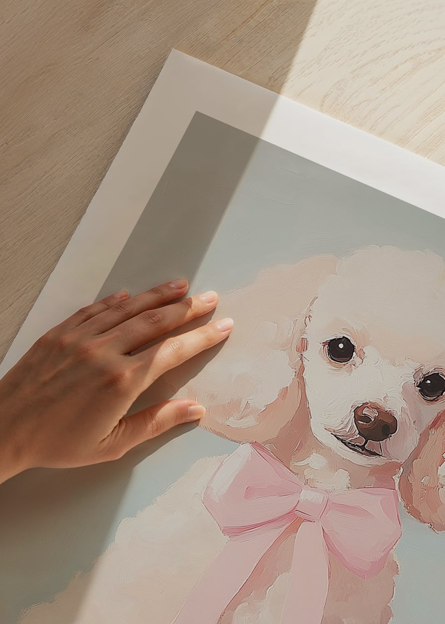 A poster of a fluffy poodle with a pink bow-12