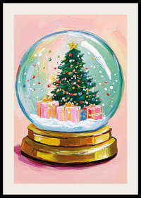 A poster of a snow globe with a Christmas tree and colorful packages-2
