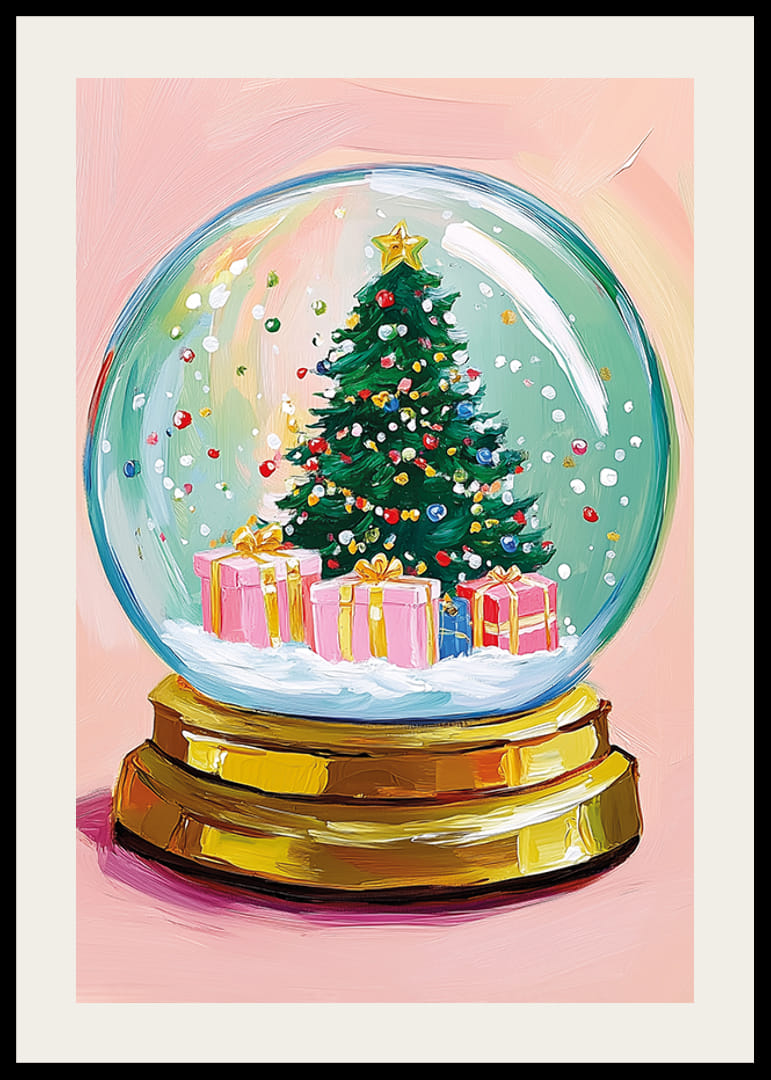 A poster of a snow globe with a Christmas tree and colorful packages-12