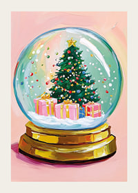 En poster av en snöglob med julgran och färgglada paket-3