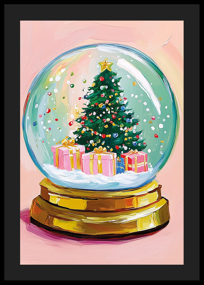A poster of a snow globe with a Christmas tree and colorful packages-12