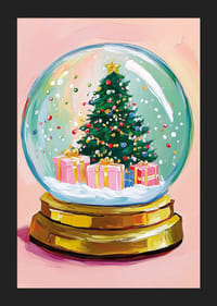 A poster of a snow globe with a Christmas tree and colorful packages-5