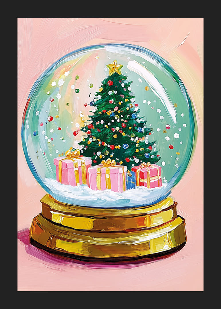 A poster of a snow globe with a Christmas tree and colorful packages-12
