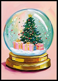 En poster av en snöglob med julgran och färgglada paket-6