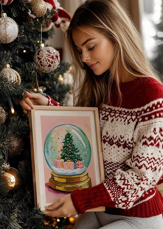 En poster av en snöglob med julgran och färgglada paket-12
