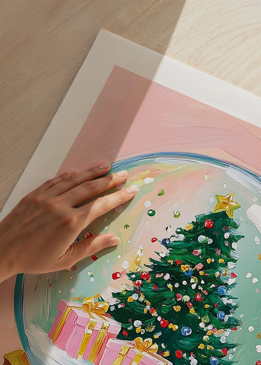 En poster av en snöglob med julgran och färgglada paket-12