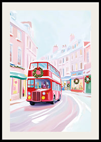A poster of a red double-decker bus driving through a snowy, Christmas-decorated city-2