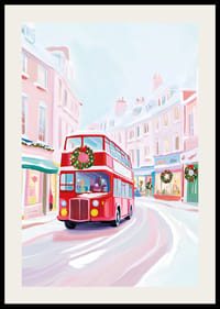 A poster of a red double-decker bus driving through a snowy, Christmas-decorated city-2