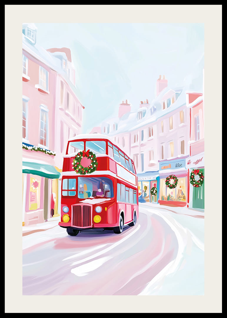 A poster of a red double-decker bus driving through a snowy, Christmas-decorated city-12