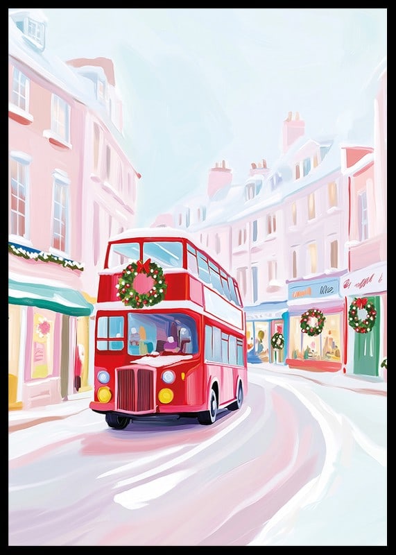 A poster of a red double-decker bus driving through a snowy, Christmas-decorated city-12