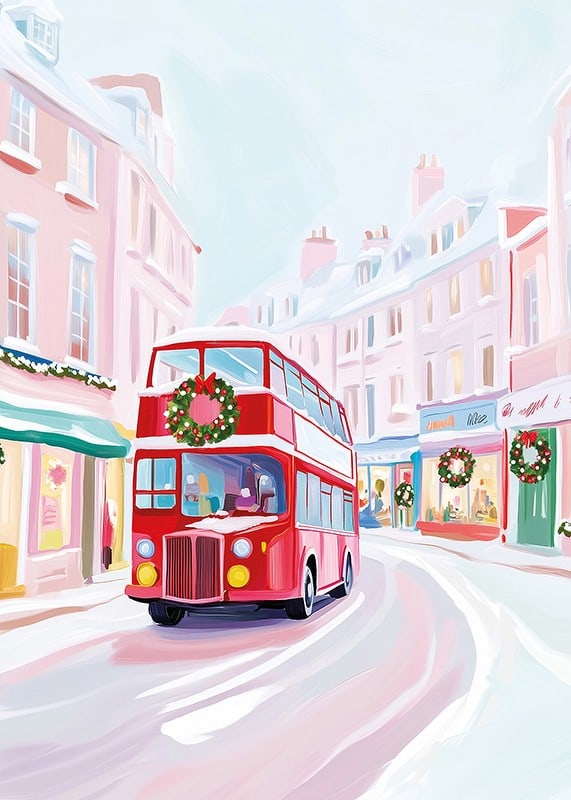 A poster of a red double-decker bus driving through a snowy, Christmas-decorated city-12
