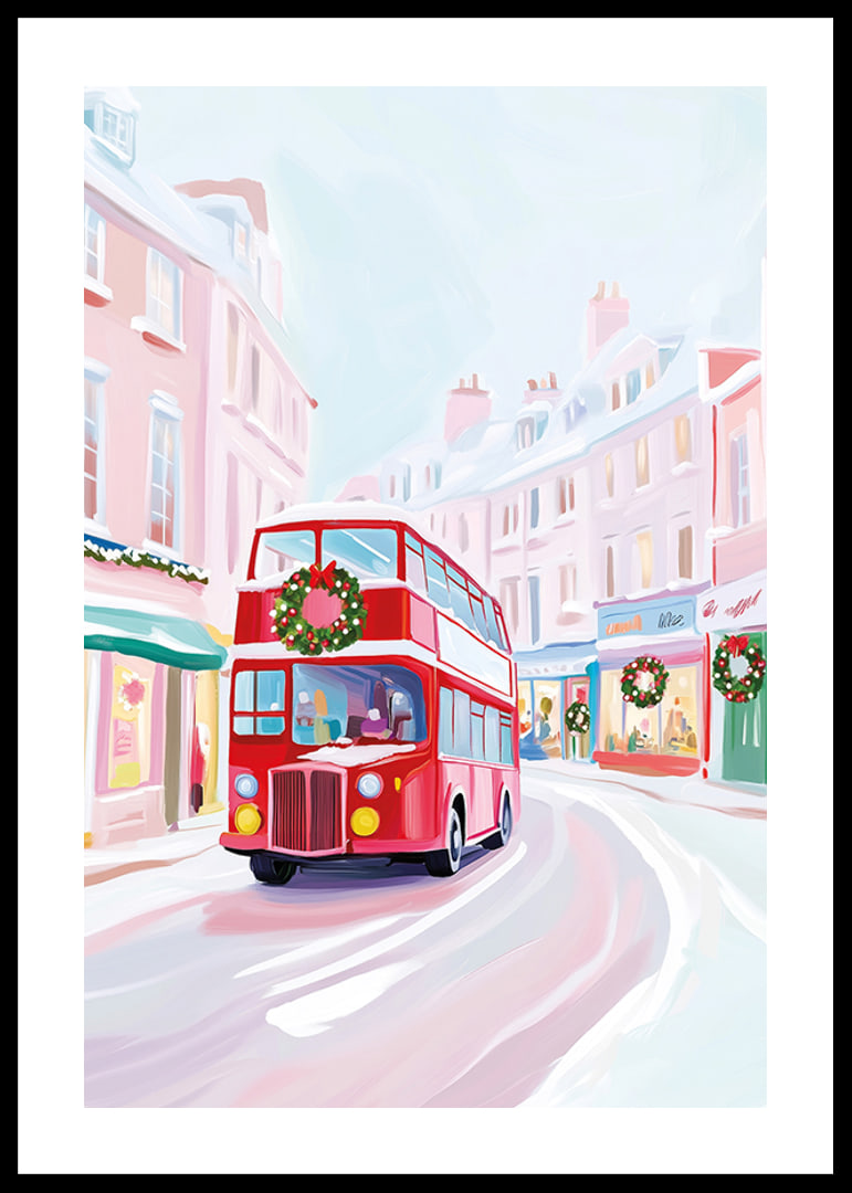 A poster of a red double-decker bus driving through a snowy, Christmas-decorated city-12