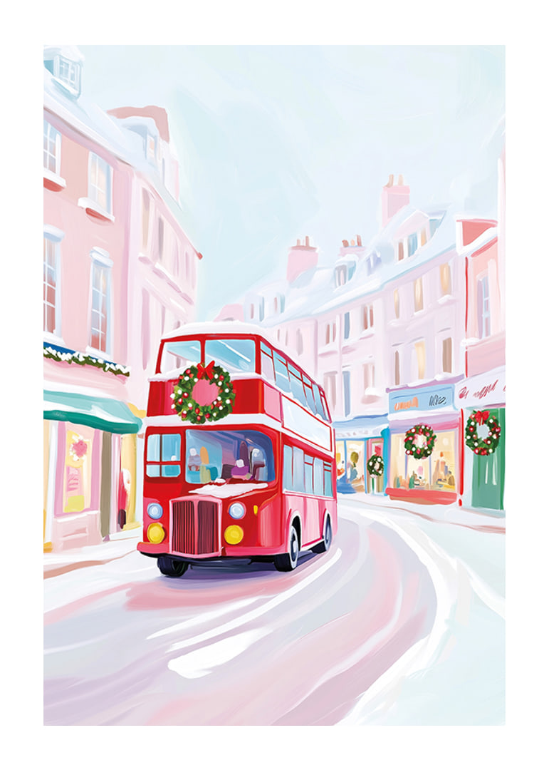 A poster of a red double-decker bus driving through a snowy, Christmas-decorated city-12