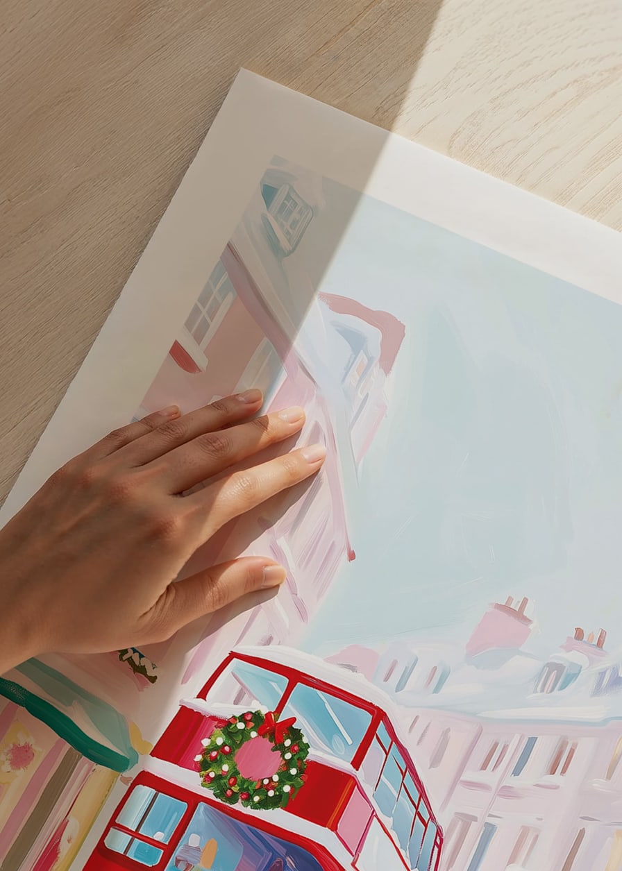 A poster of a red double-decker bus driving through a snowy, Christmas-decorated city-12