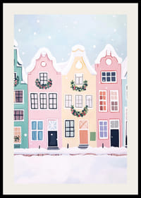 En poster med färgglada hus dekorerade för julen-2
