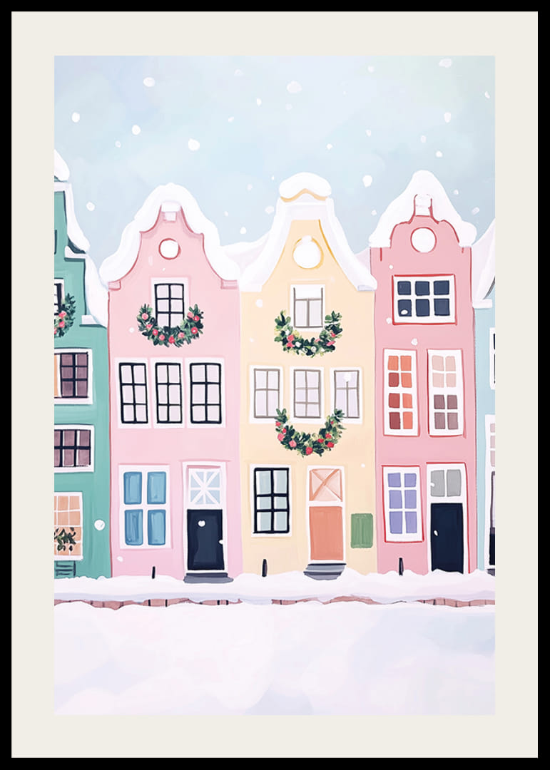 En poster med färgglada hus dekorerade för julen-12