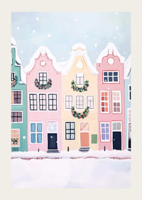 En poster med färgglada hus dekorerade för julen-3