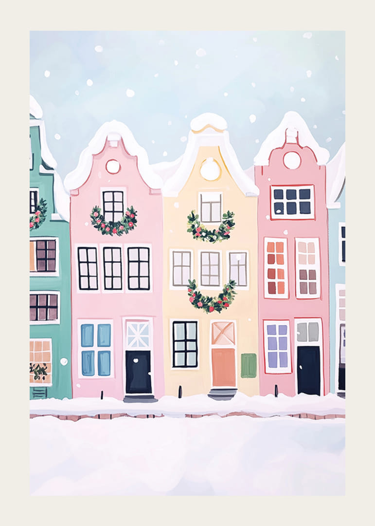 En poster med färgglada hus dekorerade för julen-12