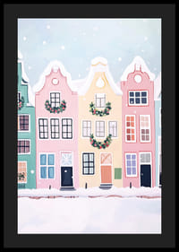 En poster med färgglada hus dekorerade för julen-4