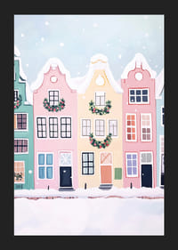 En poster med färgglada hus dekorerade för julen-5