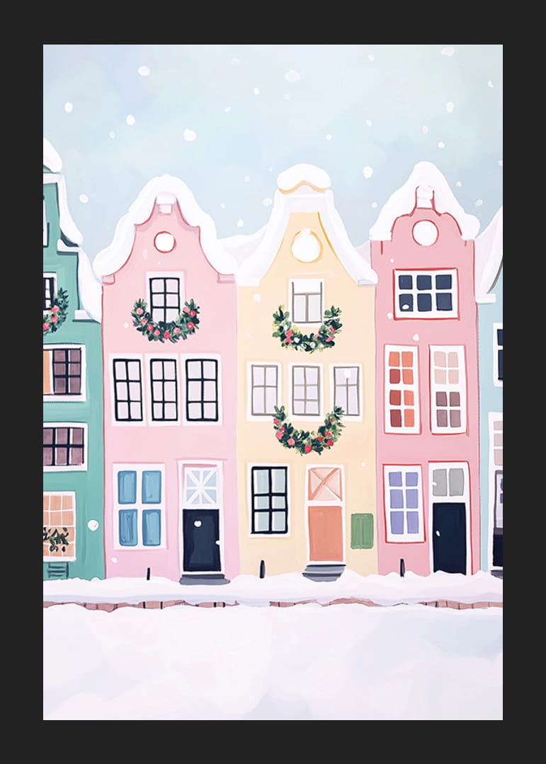 En poster med färgglada hus dekorerade för julen-12