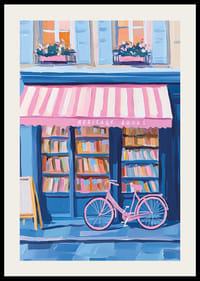 Een poster van een kleurrijke boekwinkel met een roze fiets-2