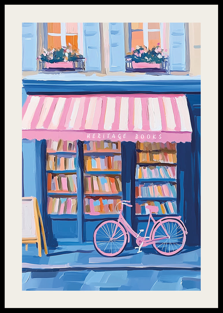 Een poster van een kleurrijke boekwinkel met een roze fiets-12