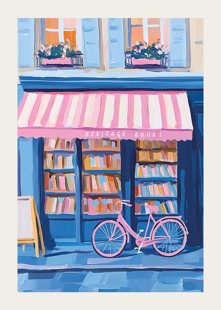 Een poster van een kleurrijke boekwinkel met een roze fiets-12