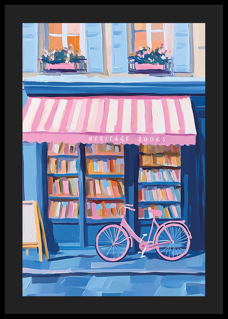 Een poster van een kleurrijke boekwinkel met een roze fiets-12
