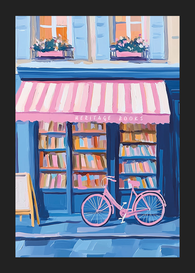 Een poster van een kleurrijke boekwinkel met een roze fiets-12
